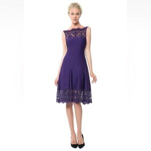 TADASHI SHOJI Dress Size S Purple Pintuck Jersey Boatneck Sheer Lace Amethyst